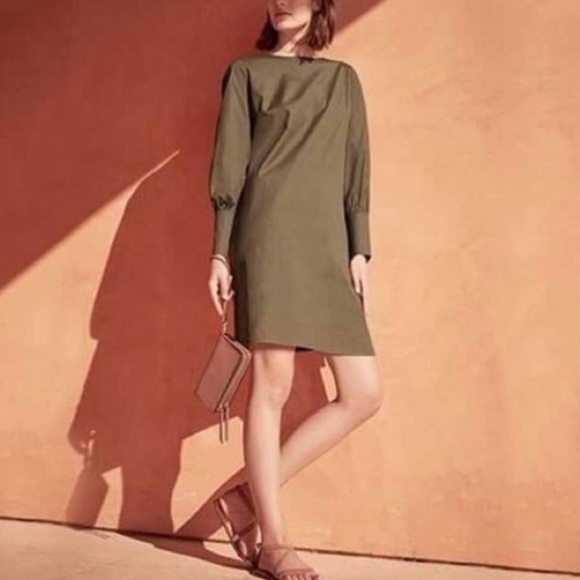 Cuyana Dresses & Skirts - Cuyana Poplin Cotton Stretch Shift Dress Long Sleeve Pockets Olive Green Size L